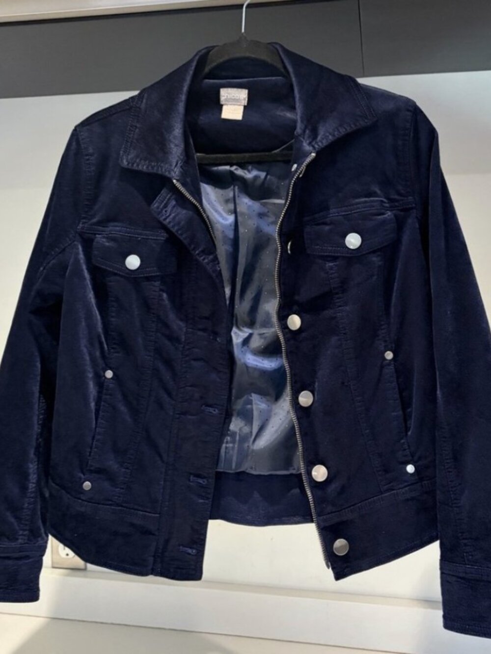 Chico's Vintage Navy Blue Velveteen Denim-Style Moto Jacket Y2K size 2P US 12 L - Picture 3 of 4